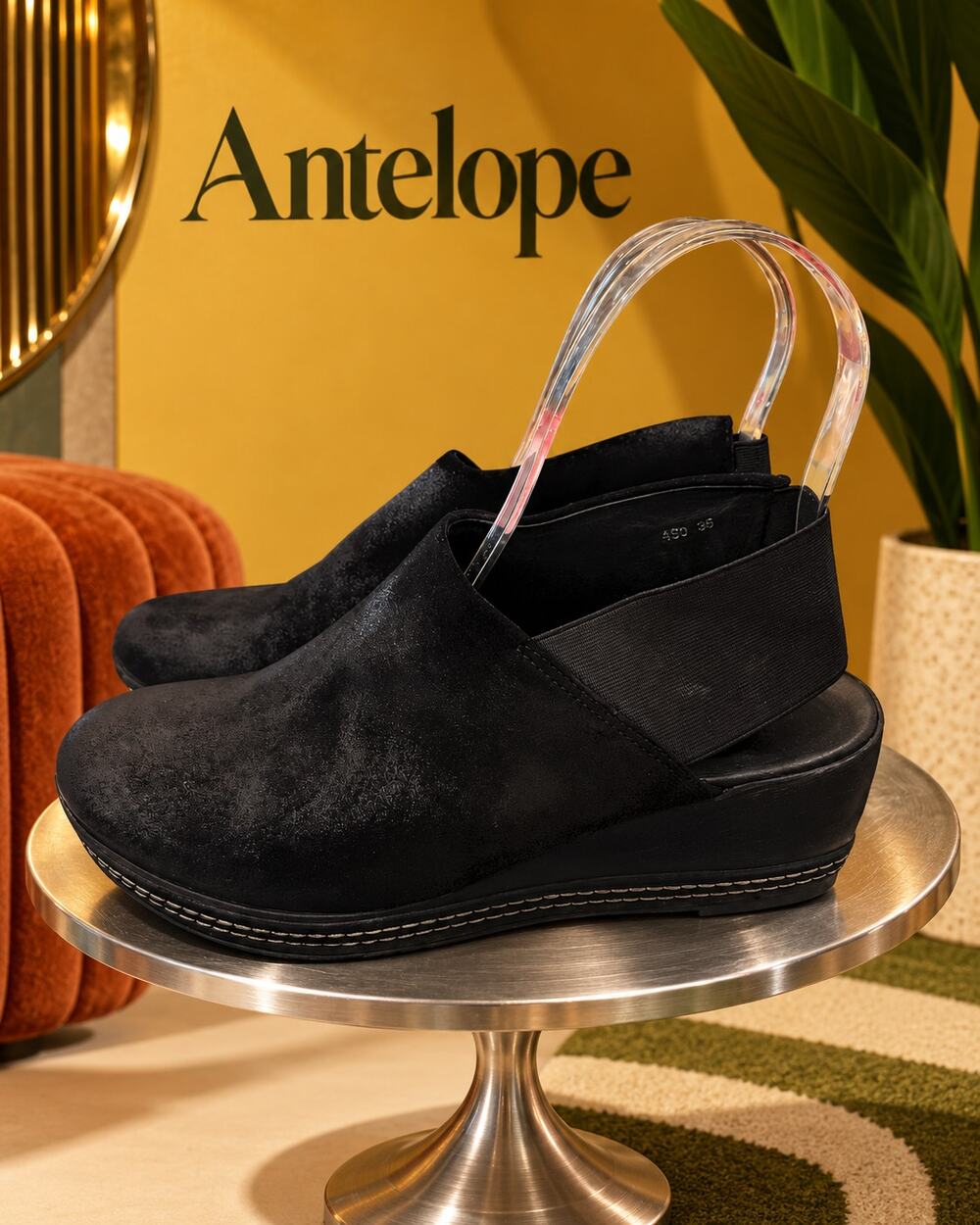 Antelope 486 Distressed Black Leather Slingback Wedge Shoes US 8 EU 39